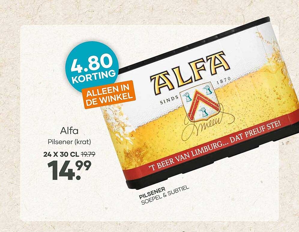 Alfa Pilsener (krat) 4.80 korting alleen in de winkel