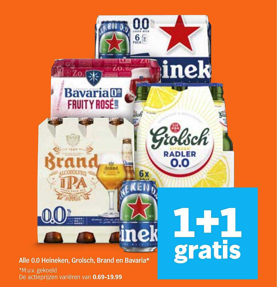 Alle 0.0 Heineken, Grolsch, Brand en Bavaria* 1+1 gratis