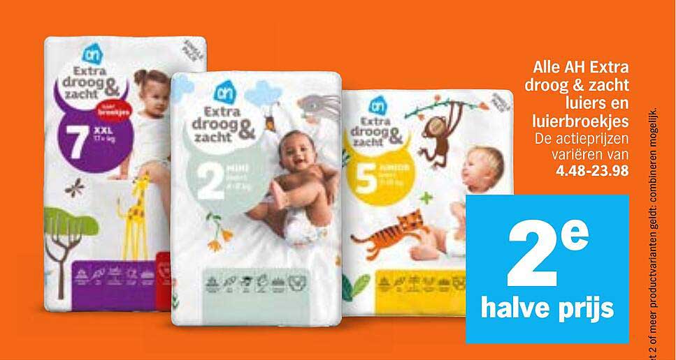 Alle AH Extra droog & zacht luiers en luierbroekjes 2e halve prijs