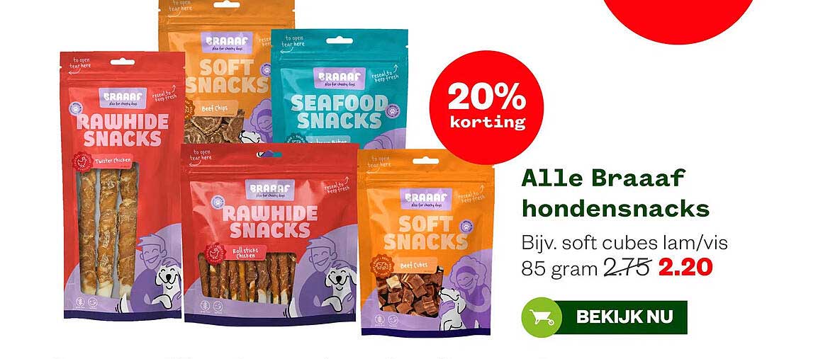 Alle Braaaf hondensnacks 20% korting
