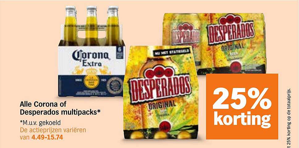 Alle Corona of Desperados multipacks* 25% korting