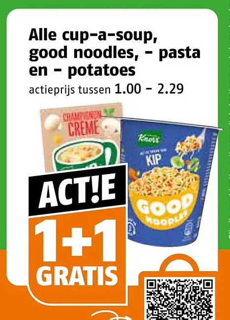 Alle cup-a-soup, good noodles, - pasta en - potatoes 1+1 gratis