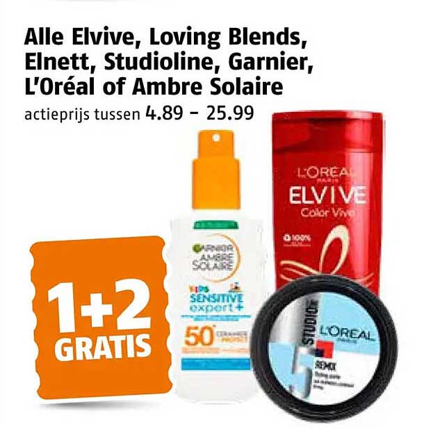 Alle Elvive, Loving Blends, Elnett, StudioLine, Garnier, L'Oréal of Ambre Solaire 1+2 GRATIS