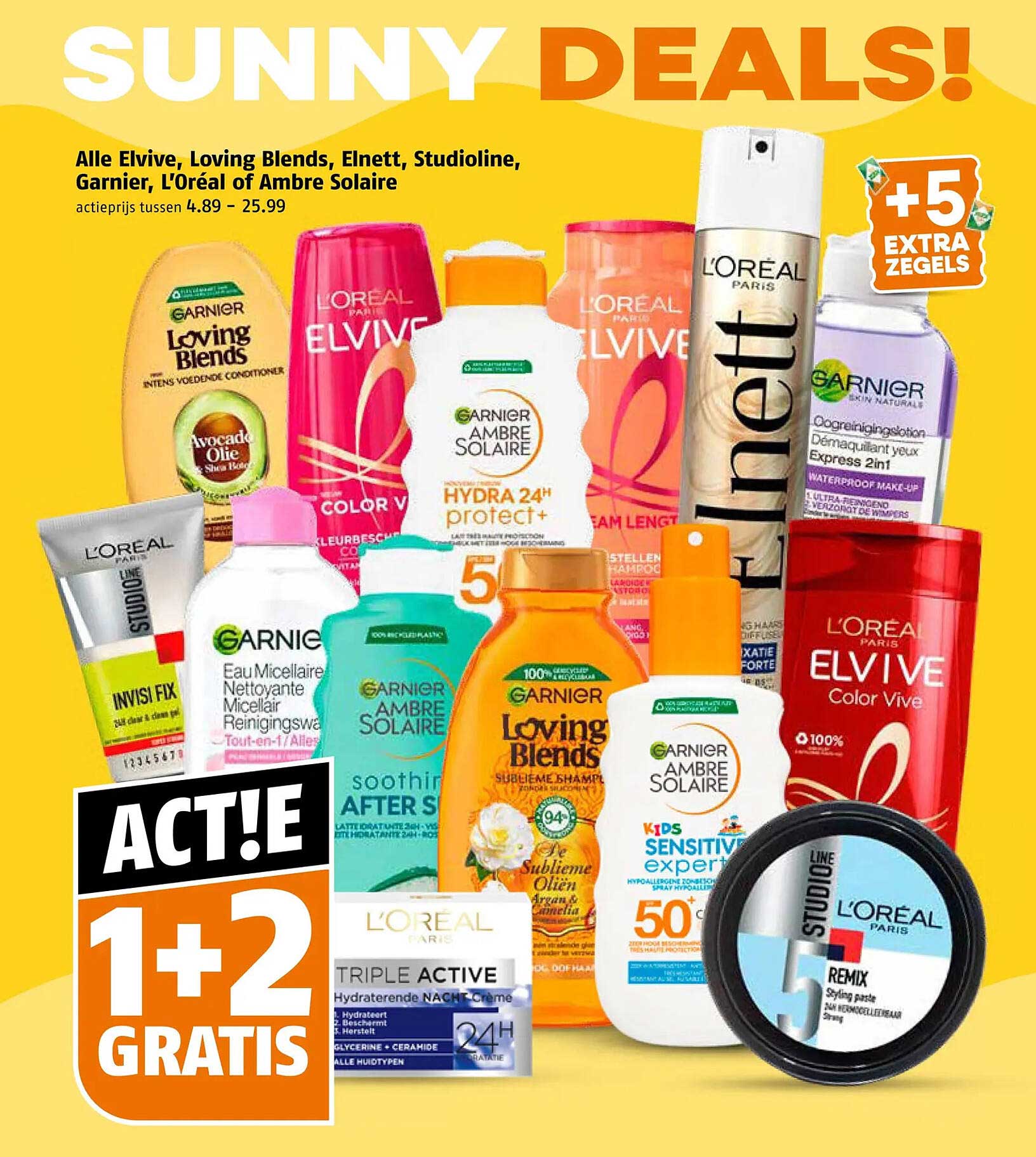 Alle Elvive, Loving Blends, Elnett, Studioline, Garnier, L'Oréal of Ambre Solaire +5 EXTRA ZEGELS