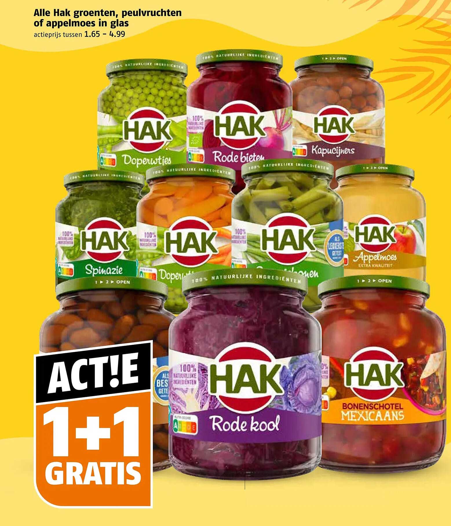 Alle Hak groenten, peulvruchten of appelmoes in glas 1+1 gratis