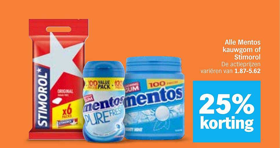Alle Mentos kauwgom of Stimorol 25% korting