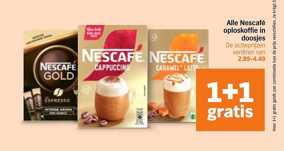 Alle Nescafé oploskoffie in doosjes 1+1 gratis