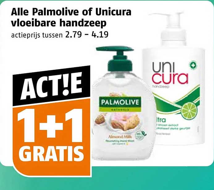 Alle Palmolive of Unicura vloeibare handzeep 1+1 GRATIS