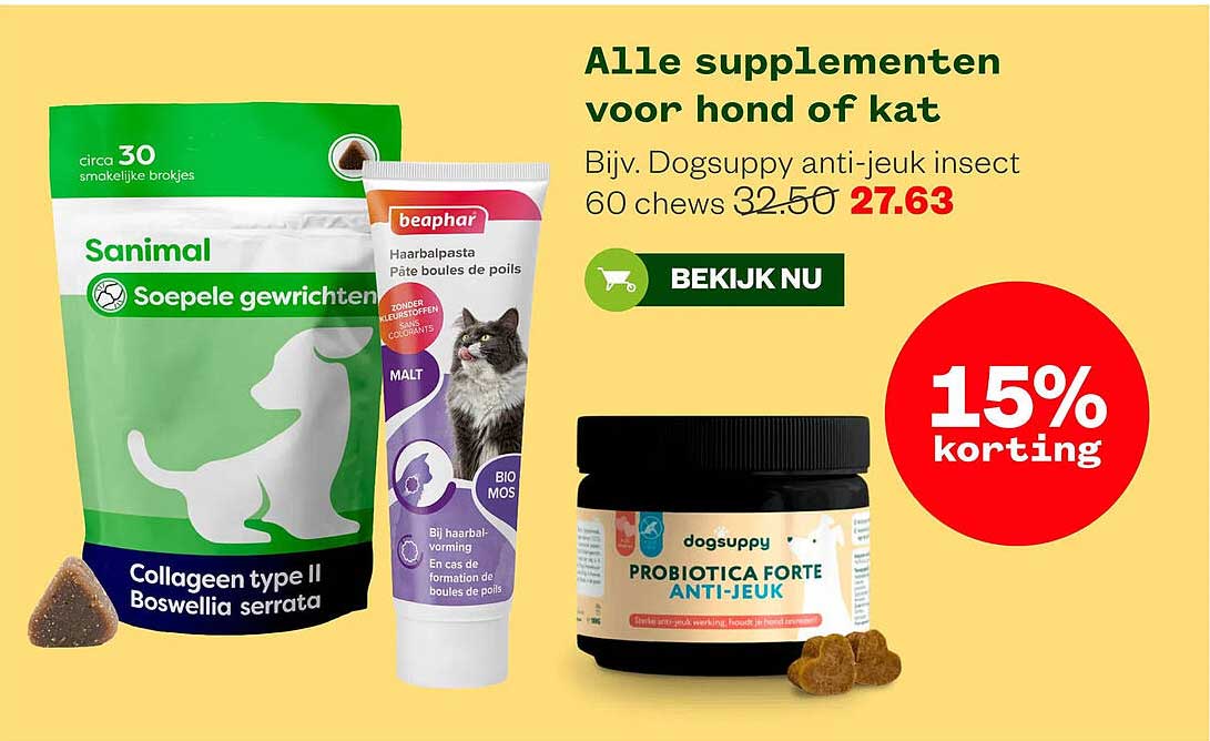 Alle supplementen voor hond of kat 15% korting