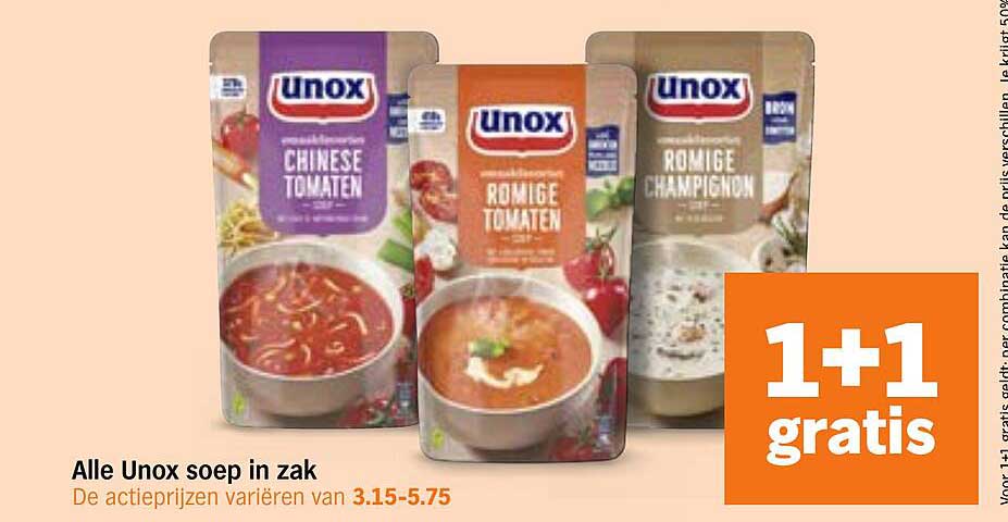 Alle Unox soep in zak 1+1 gratis