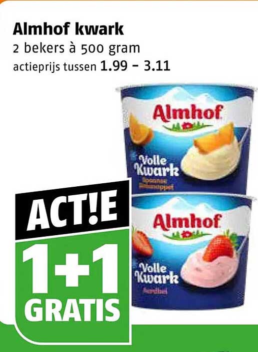 Almhof kwark 2 bekers à 500 gram 1+1 GRATIS