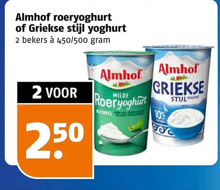 Almhof roeryoghurt of Griekse stijl yoghurt 2 bekers à 450/500 gram