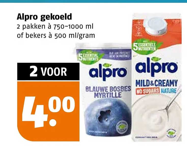 Alpro gekoeld 2 pakken à 750-1000 ml of bekers à 500 ml/gram 2 VOOR