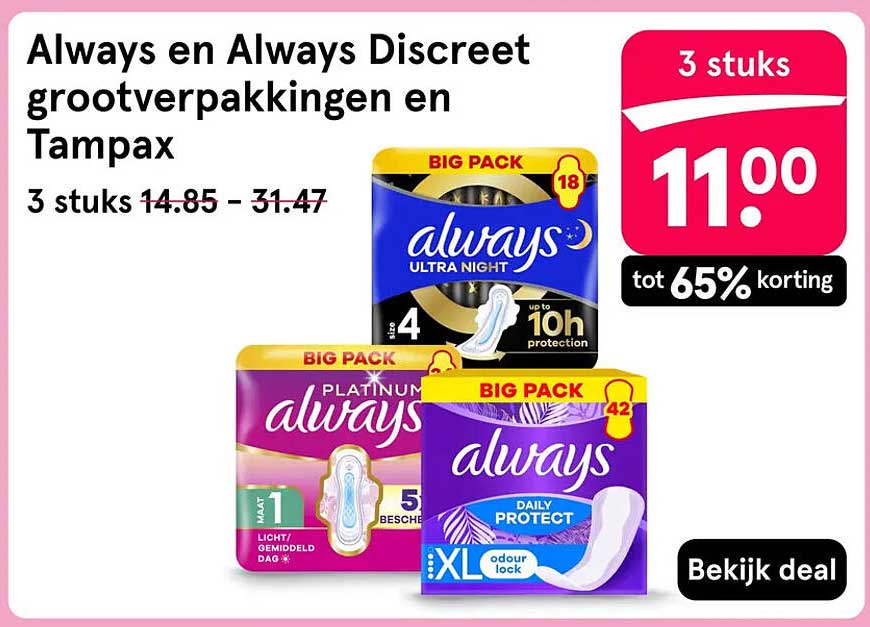 Always en Always Discreet grootverpakkingen en Tampax