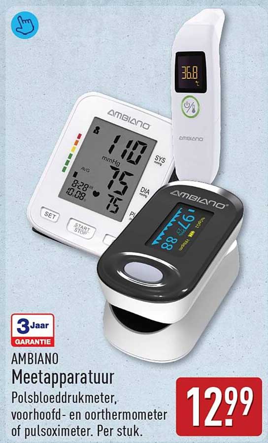 AMBIANO Meetapparatuur Polsbloeddrukmeter, voorhoofd- en oorthermometer of pulsoximeter. Per stuk.