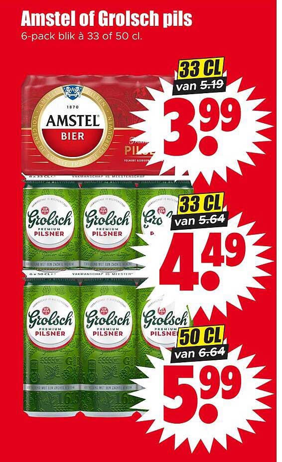 Amstel of Grolsch pils 6-pack blik à 33 of 50 cl.