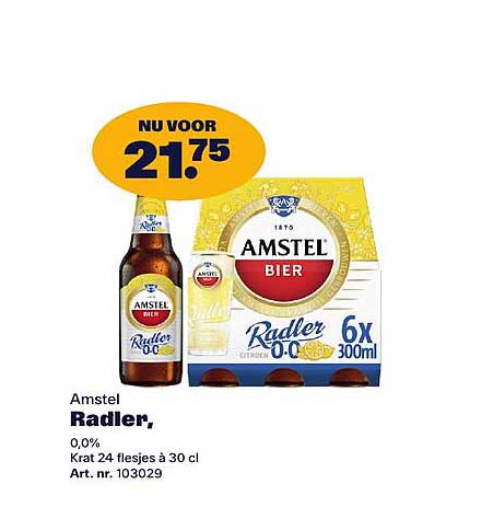 Amstel Radler, 0,0% Krat 24 flesjes a 30 cl Art. nr. 103029
