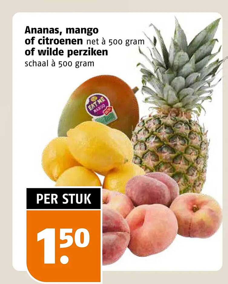 Ananas, mango of citroenen met à 500 gram of wilde perziken schaal à 500 gram