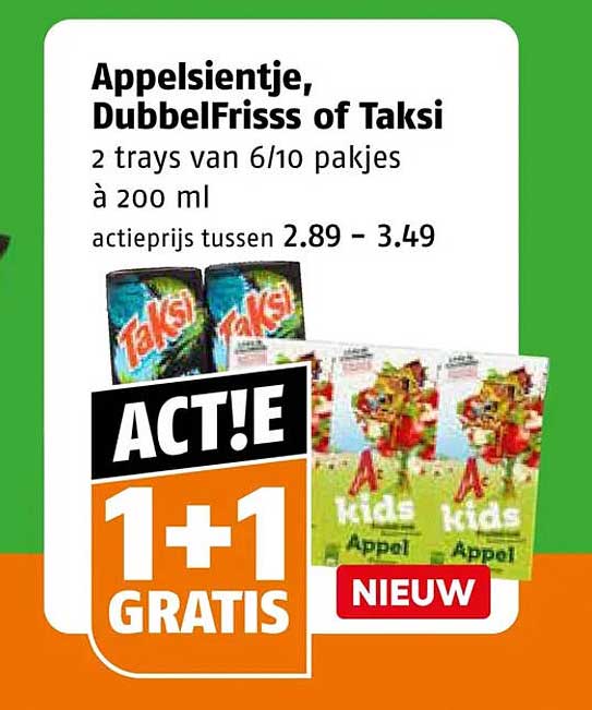 Appelsientje, DubbelFrisss of Taksi 2 trays van 6/10 pakjes à 200 ml ACT!E 1+1 GRATIS