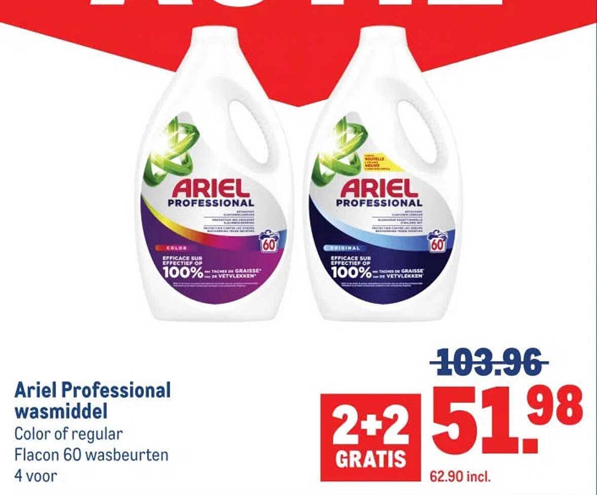 Ariel Professional wasmiddel Color of regular Flacon 60 wasbeurten 4 voor 2+2 GRATIS