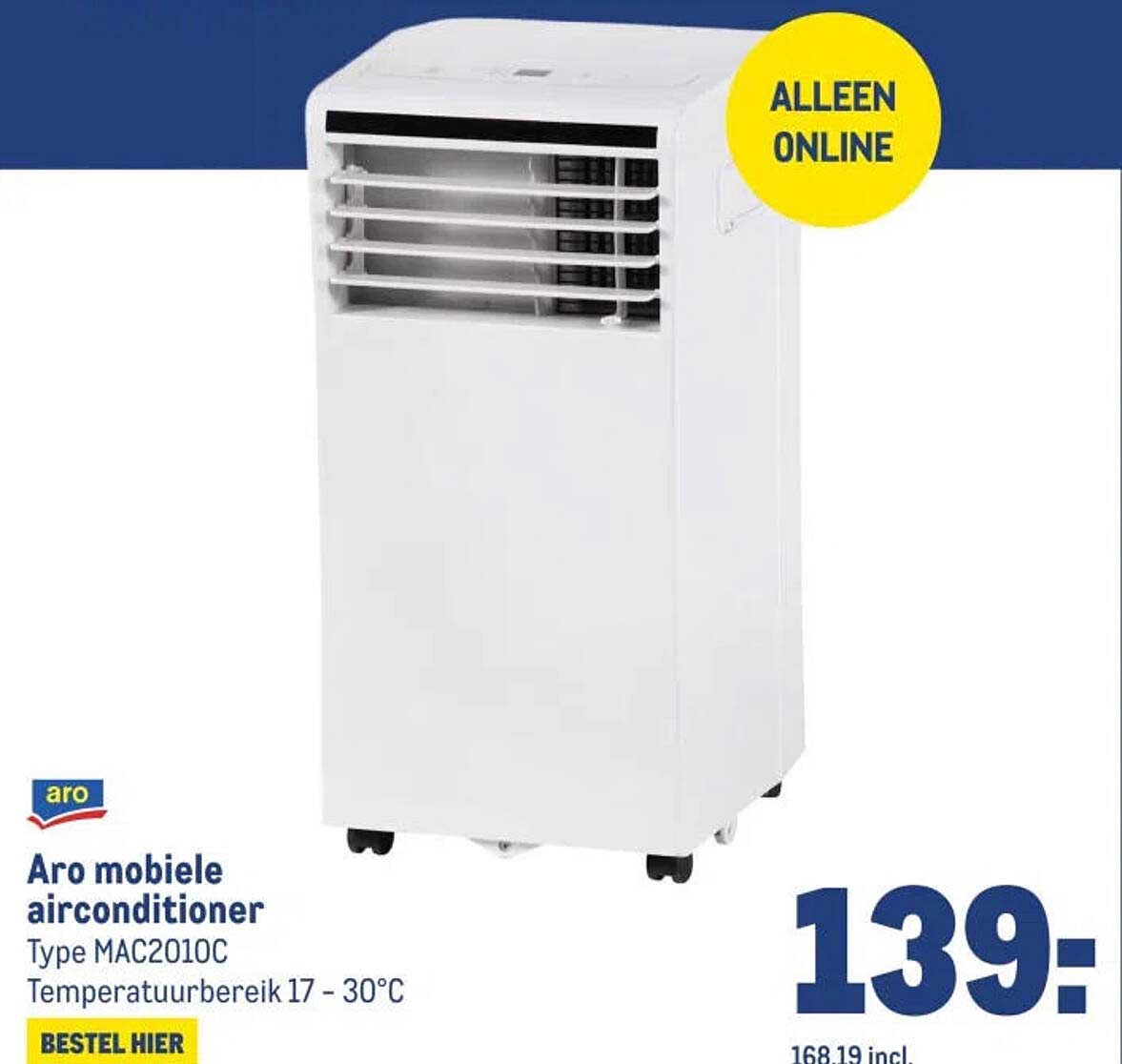 Aro mobiele airconditioner Type MAC2010C Temperatuur bereik 17 - 30°C ALLEEN ONLINE