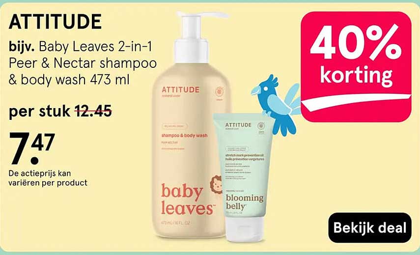 ATTITUDE bijv. Baby Leaves 2-in-1 Peer & Nectar shampoo & body wash 473 ml 40% korting