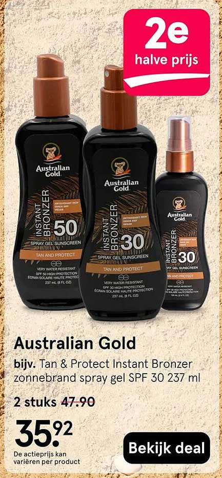 Australian Gold bijv. Tan & Protect Instant Bronzer zonnebrand spray gel SPF 30 237 ml 2e halve prijs