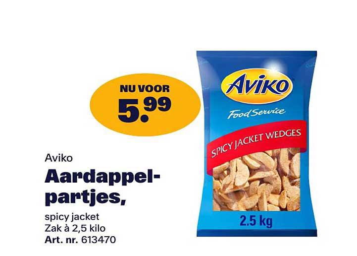 Aviko Aardappel-partjes, spicy jacket Zak à 2,5 kilo Art. nr. 613470