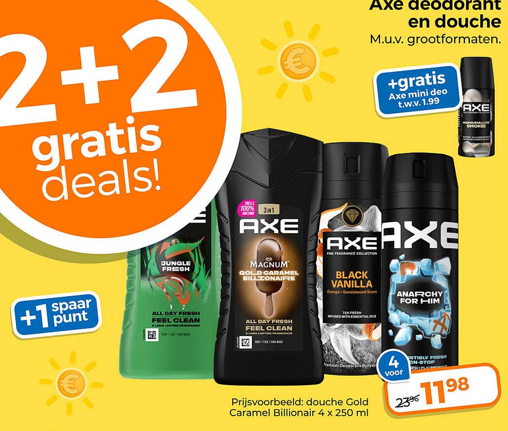 Axe deodorant en douche M.u.v. grootformaten. +gratis Axe mini deo t.w.v. 1.99 2+2 gratis deals!