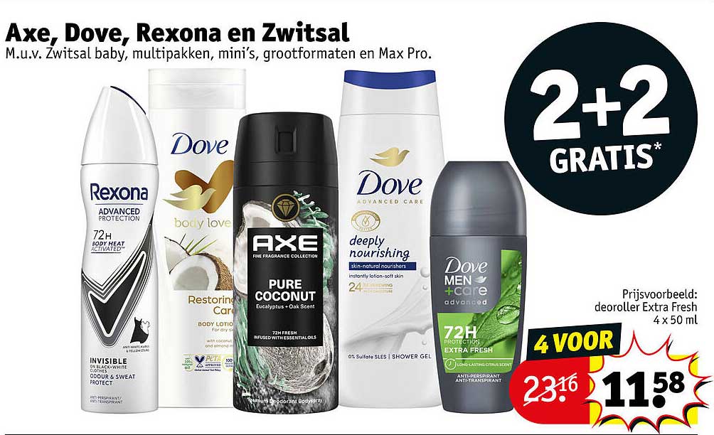 Axe, Dove, Rexona en Zwitsal 2+2 gratis