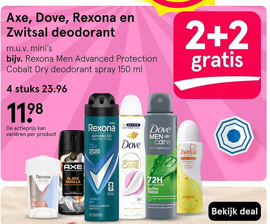 Axe, Dove, Rexona en Zwitsal deodorant 2+2 gratis