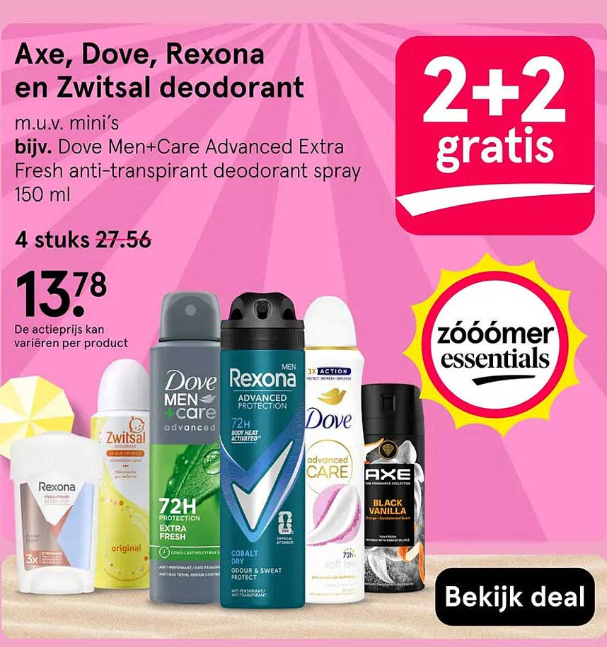 Axe, Dove, Rexona en Zwitsal deodorant 2+2 gratis