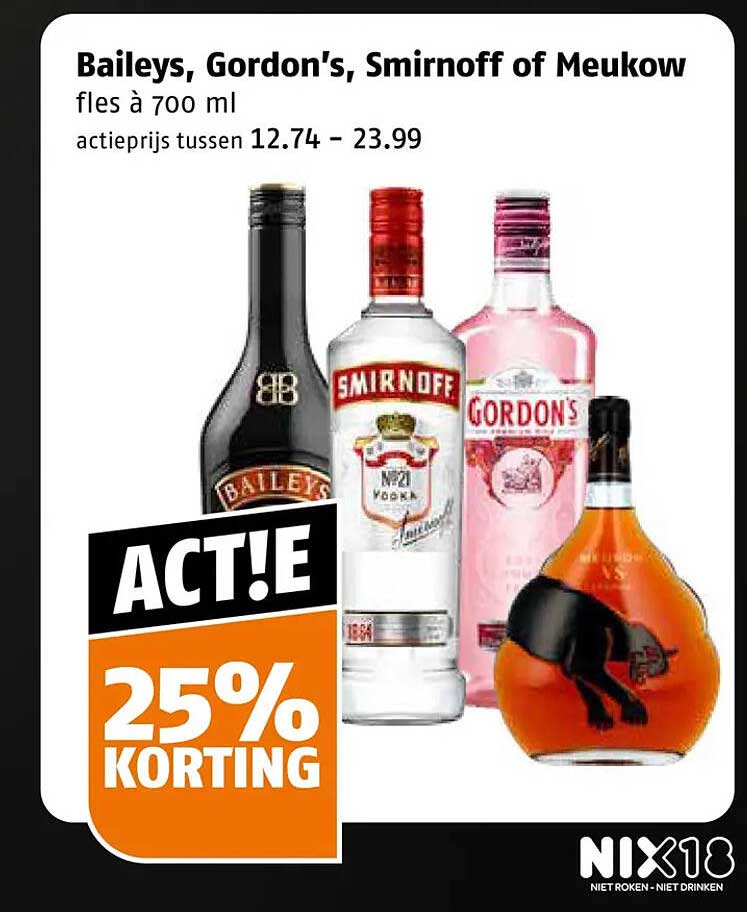 Baileys, Gordon's, Smirnoff of Meukow fles à 700 ml ACT!E 25% KORTING