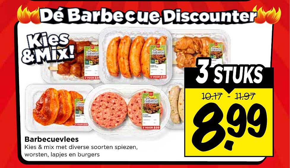 Barbecuevlees Kies & mix met diverse soorten spiezen, worsten, lapjes en burgers 3 stuks