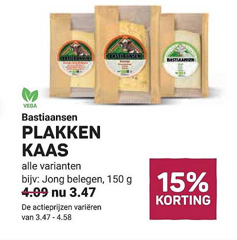 Bastiaansen PLAKKEN KAAS alle varianten, bijv: Jong belegen, 150 g 15% KORTING