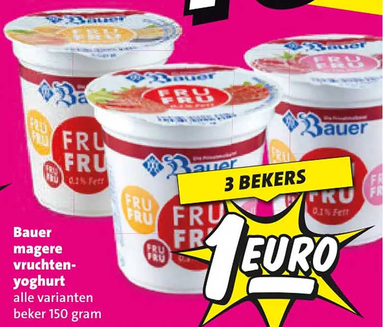 Bauer magere vruchtenyoghurt alle varianten beker 150 gram 3 bekers