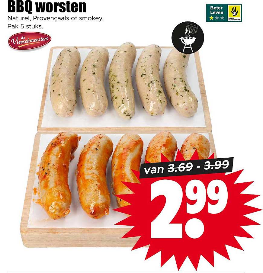 BBQ worsten Naturel, Provençaals of smokey. Pak 5 stuks.