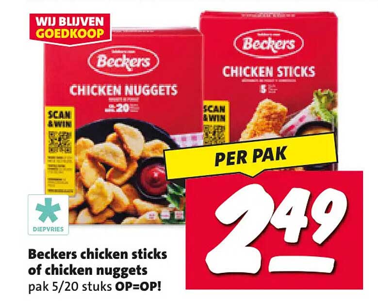 Beckers chicken sticks of chicken nuggets pak 5/20 stuks OP=OP!