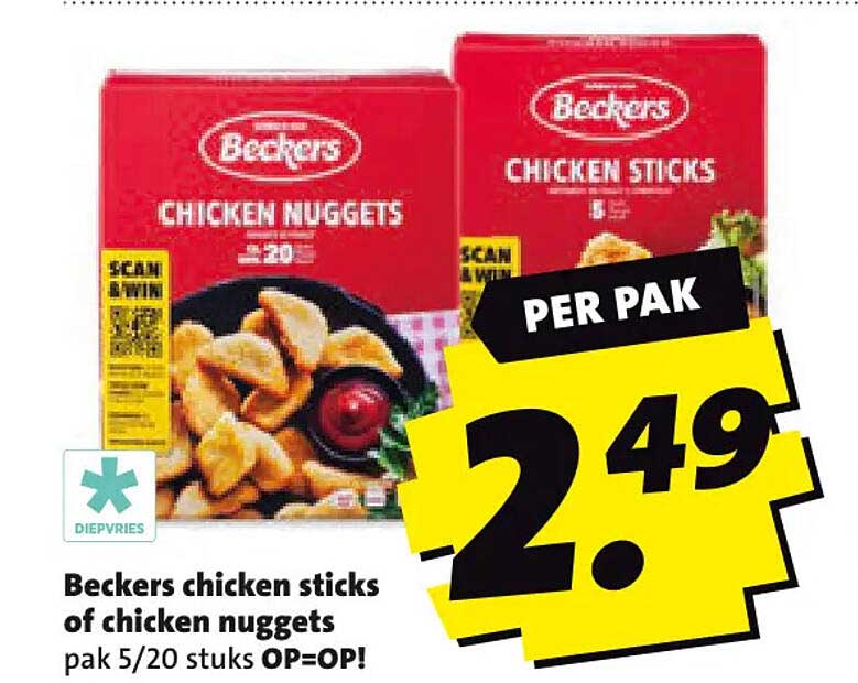 Beckers chicken sticks of chicken nuggets pak 5/20 stuks OP=OP!