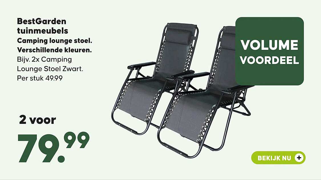 BestGarden tuinmeubels Camping lounge stoel. Verschillende kleuren. Bijv. 2x Camping Lounge Stoel Zwart. Per stuk 49.99 VOLUME VOORDEEL