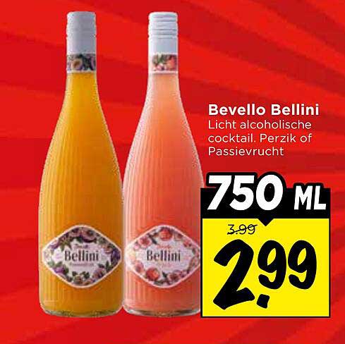 Bevello Bellini Licht alcoholische cocktail. Perzik of Passievrucht