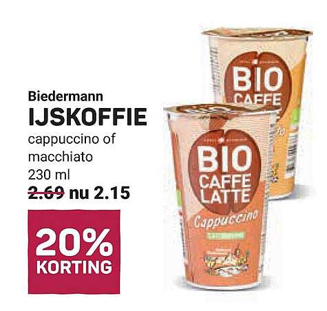 Biedermann IJSKOFFIE cappuccino of macchiato 230 ml 20% KORTING