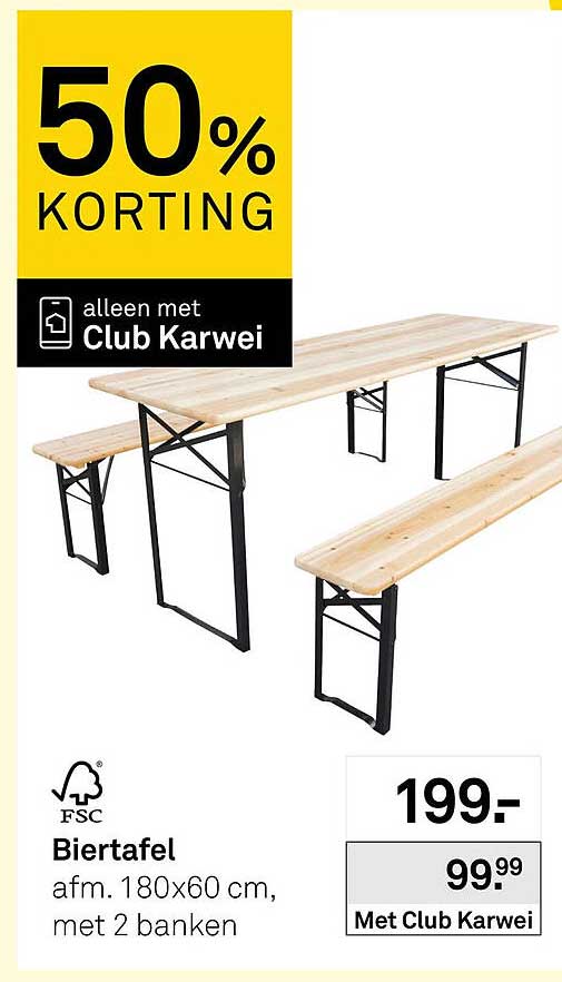 Biertafel afm. 180x60 cm, met 2 banken 50% korting alleen met Club Karwei