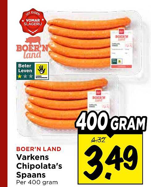 BOER’N LAND Varkens Chipolata’s Spaans Per 400 gram