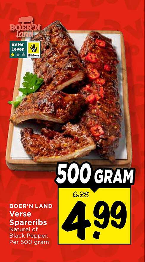 BOER'N LAND Verse Spareribs Naturel of Black Pepper. Per 500 gram