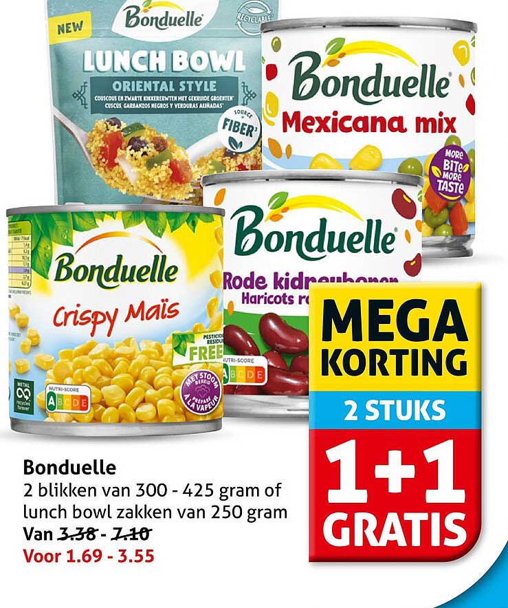 Bonduelle 2 blikken van 300 - 425 gram of lunch bowl zakken van 250 gram 1+1 gratis