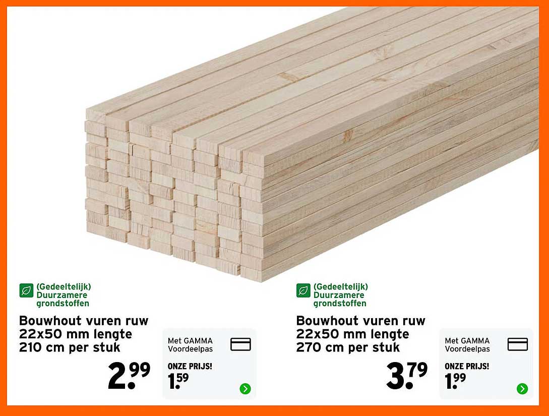 Bouwhout vuren ruw 22x50 mm lengte 210 cm per stuk