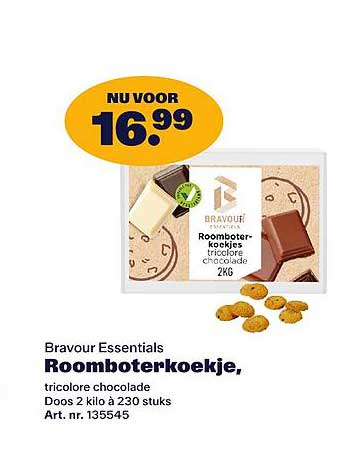 Bravour Essentials Roomboterkoekje, tricolore chocolade Doos 2 kilo à 230 stuks Art. nr. 135545