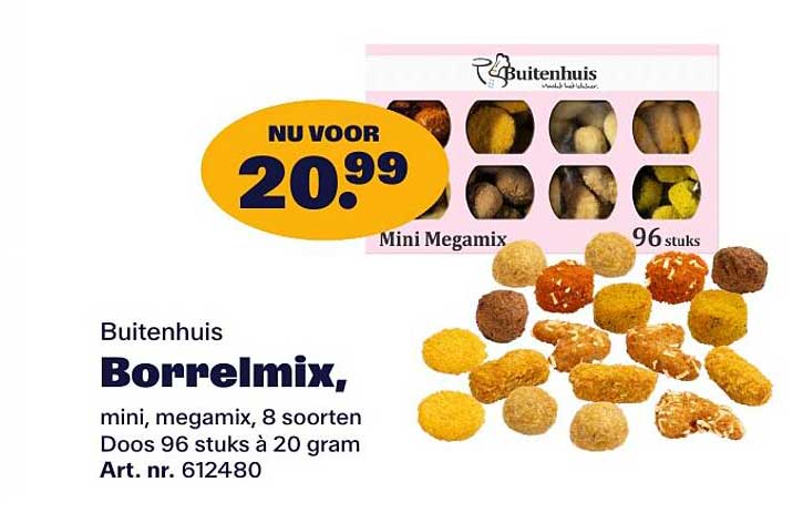 Buitenhuis Borrelmix, mini, megamix, 8 soorten Doos 96 stuks à 20 gram
