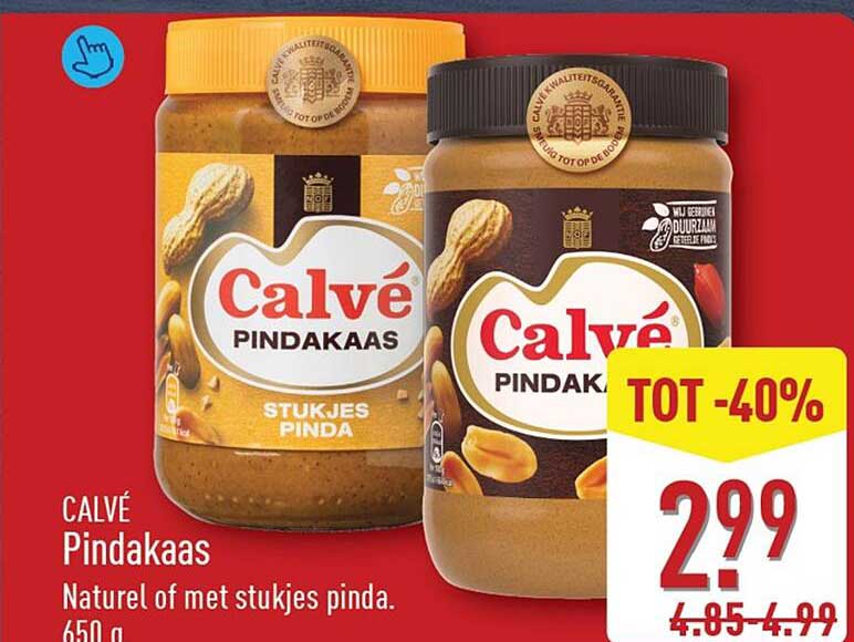 CALVÉ Pindakaas NATUREL of met stukjes pinda. 650 g TOT -40%